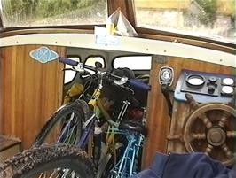 Loading our bikes onto the small, private passenger ferry owned by the Alltnaharrie Inn, 38.0 miles from Carn Dearg